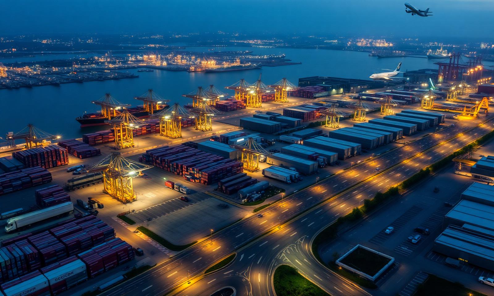 Global logistics megahub at blue hour