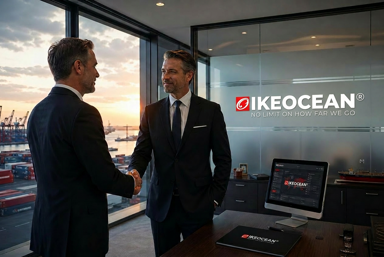 Partnership handshake at a global port
